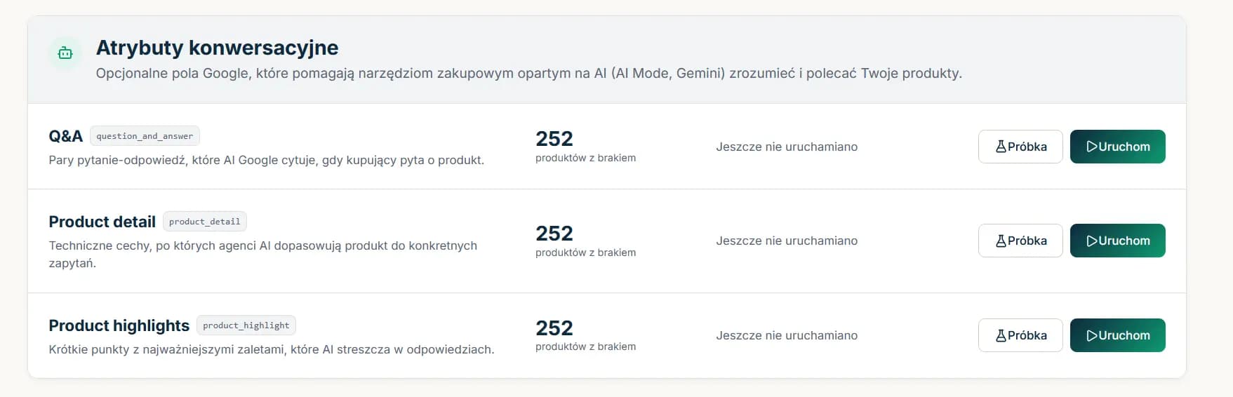 Atrybuty konwersacyjne produktu w panelu Snomi - FAQ, wyróżniki i szczegóły pod AI Google