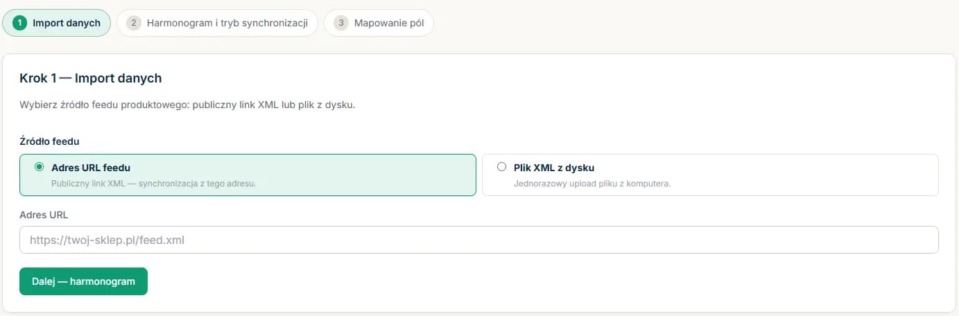 Ekran importu feedu w Snomi - wgrywanie pliku XML lub podanie adresu URL feedu sklepu