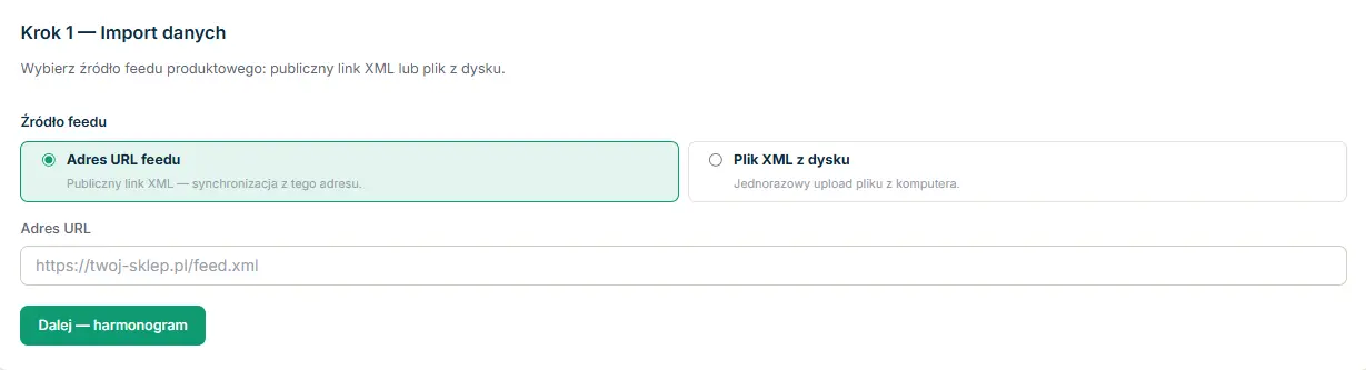 Strona Import i synchronizacja - konfiguracja źródła feedu