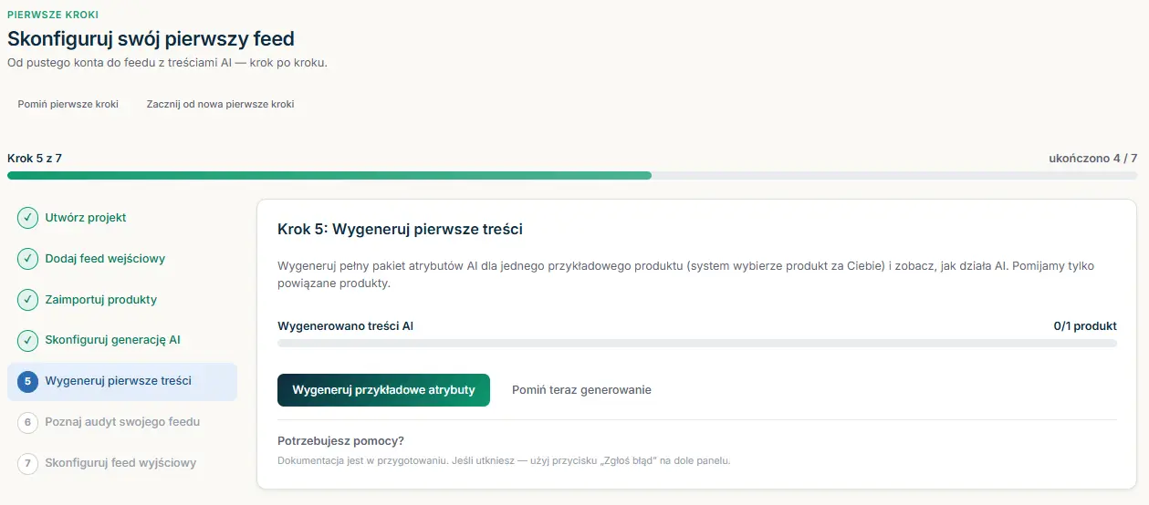 Krok 5: Wygeneruj pierwsze treści - przycisk uruchamiający generację dla jednego produktu