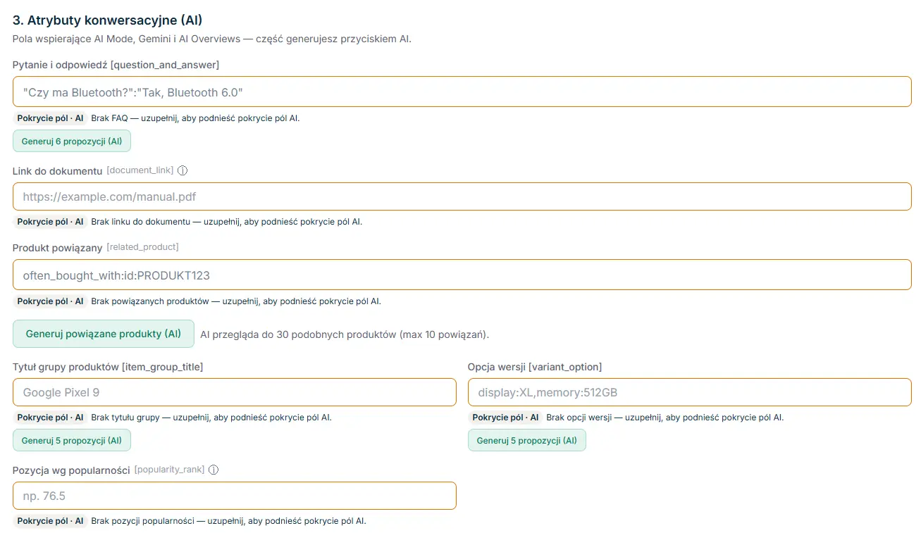 Atrybuty konwersacyjne produktu w panelu Snomi — FAQ, wyróżniki i szczegóły pod AI Google