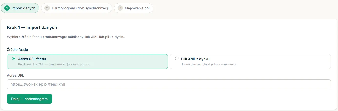 Ekran importu feedu w Snomi — wgrywanie pliku XML lub podanie adresu URL feedu sklepu