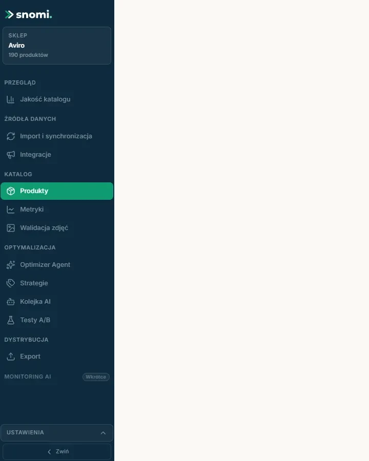 Menu sklepu w panelu Snomi z grupami Przegląd, Źródła danych, Katalog, Optymalizacja i Dystrybucja oraz sekcją Ustawienia na dole