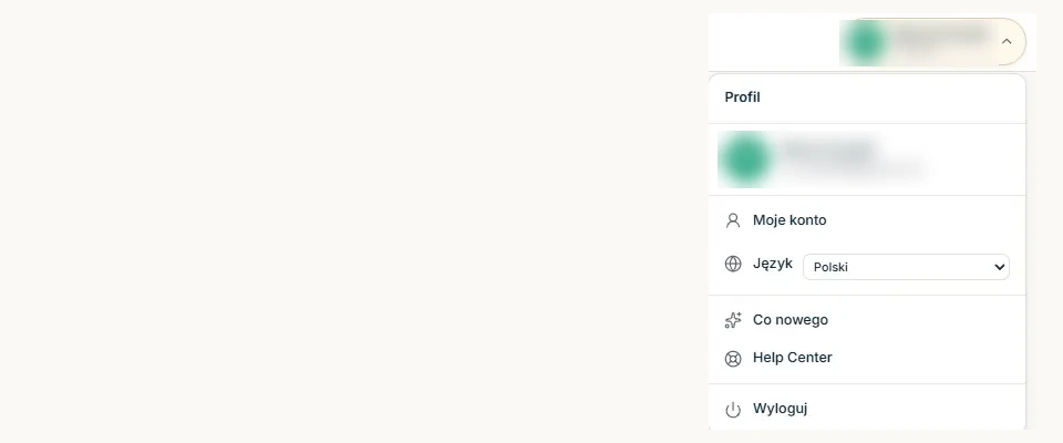 Rozwinięte menu profilu z pozycjami Moje konto, Język, Co nowego, Help Center i Wyloguj
