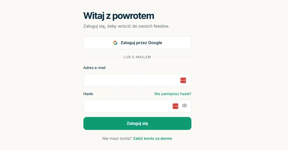 Strona logowania do panelu Snomi z przyciskiem Zaloguj przez Google i linkiem Załóż konto za darmo