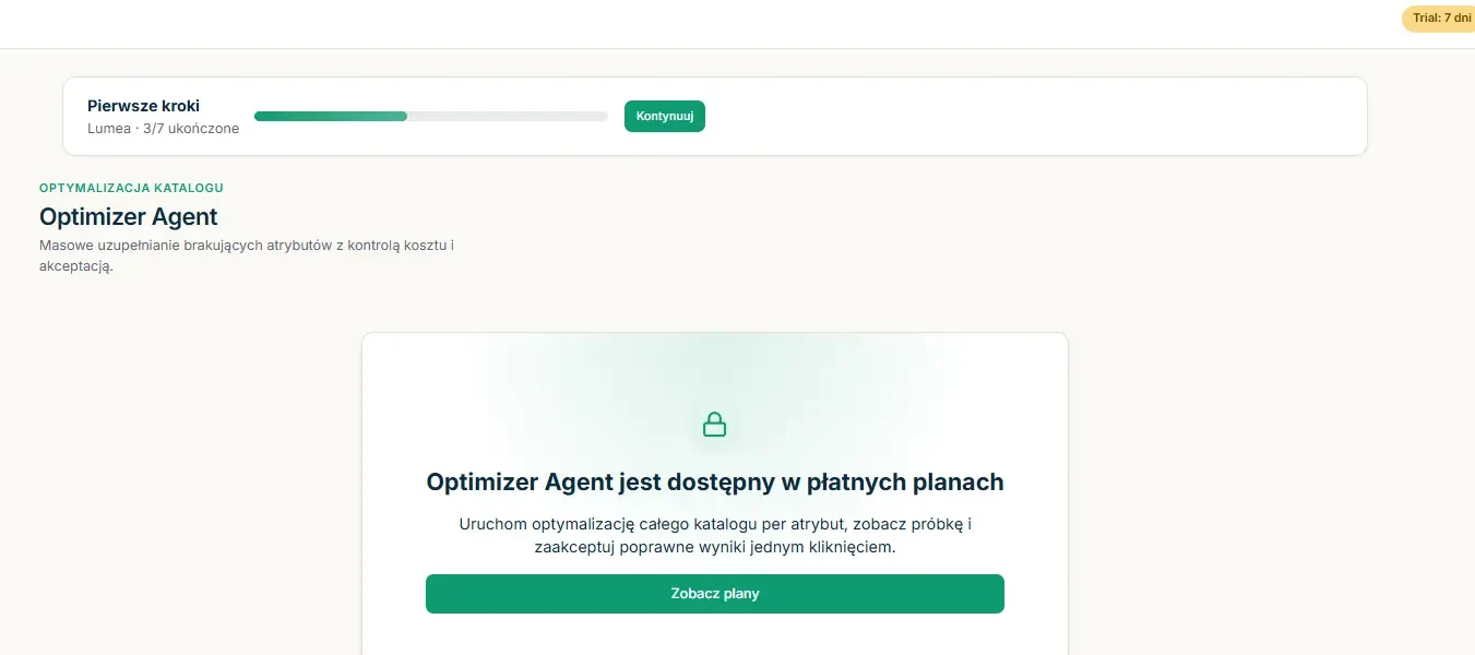 Optimizer Agent na koncie z trialem: odznaka Trial 7 dni, pasek przewodnika i informacja, że funkcja jest w płatnych planach