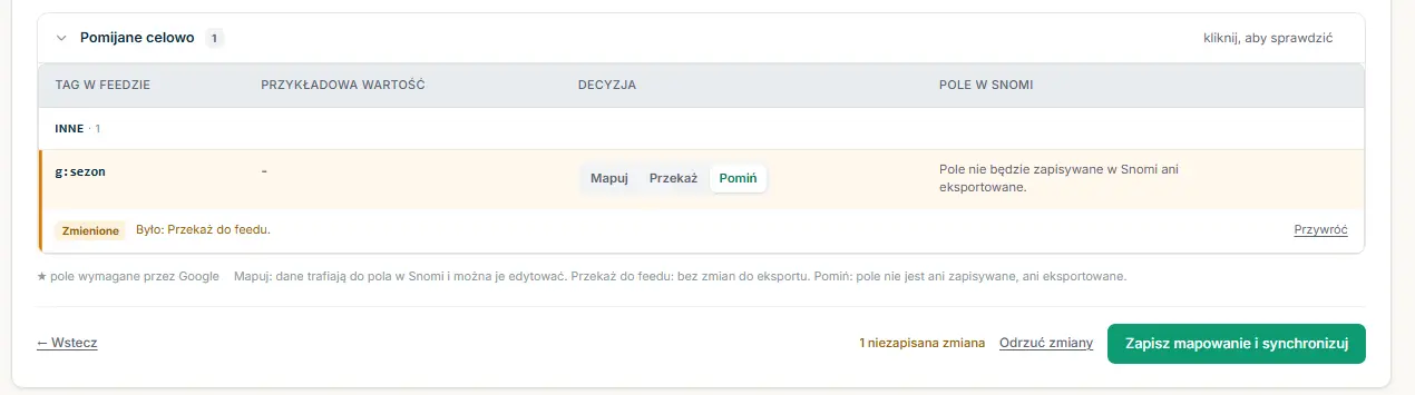 Edytor mapowania z jedną zmienioną decyzją przy polu sezon i przyciskiem zapisu