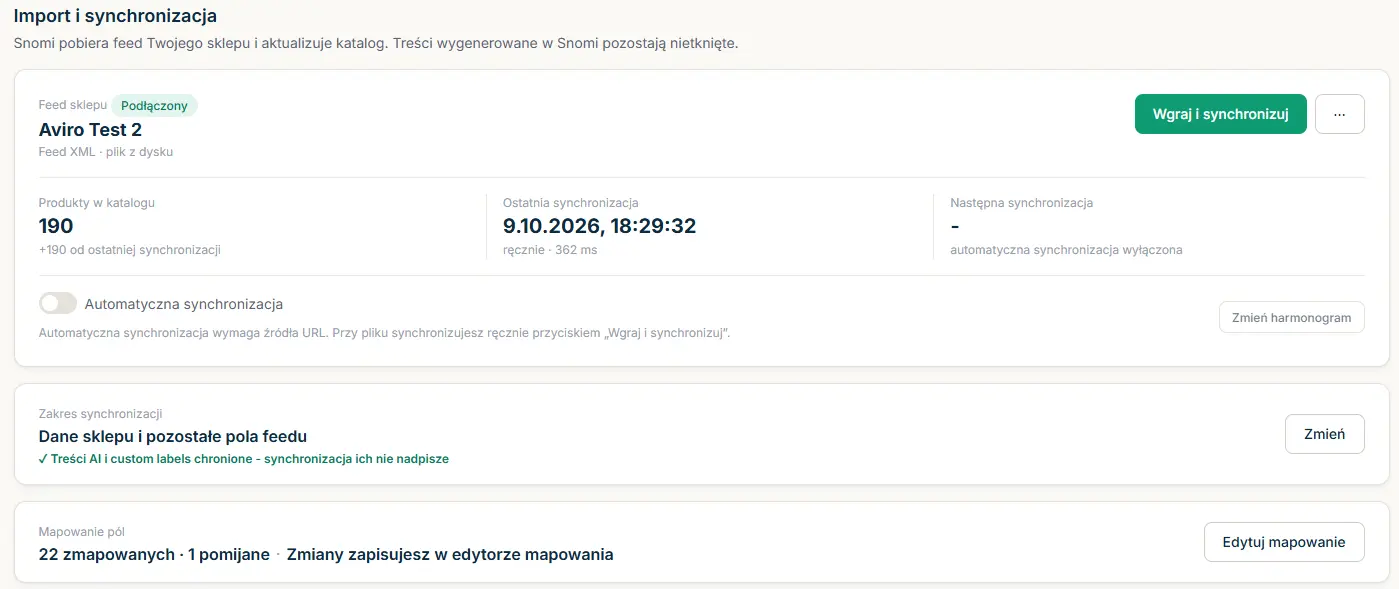 Karta źródła feedu z wierszami Zakres synchronizacji i Mapowanie pól