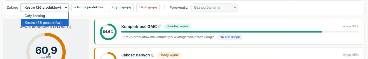 Pasek Zakres z rozwiniętą listą: Cały katalog i grupa Kestro