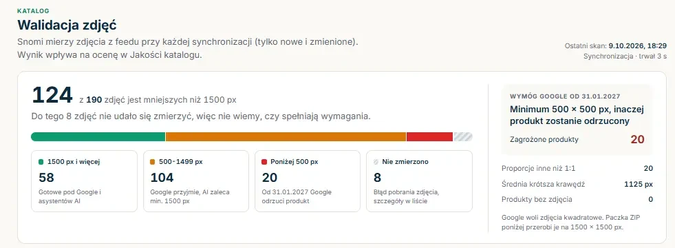 Wynik walidacji zdjęć z paskiem rozkładu, czterema kaflami i kartą wymogu Google