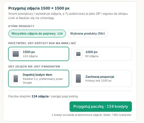 Karta Przygotuj zdjęcia 1500 × 1500 px z wyborem produktów, progu, sposobu kadrowania i kosztem