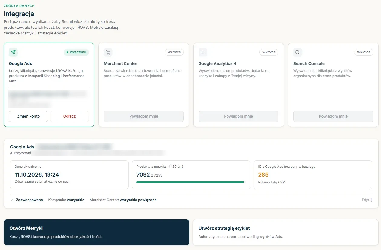 Zakładka Integracje z połączoną kartą Google Ads, przyciskami Zmień konto i Odłącz oraz podsumowaniem połączenia