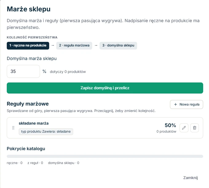 Okno Marże sklepu z kolejnością pierwszeństwa, domyślną marżą sklepu, regułami marżowymi i pokryciem katalogu