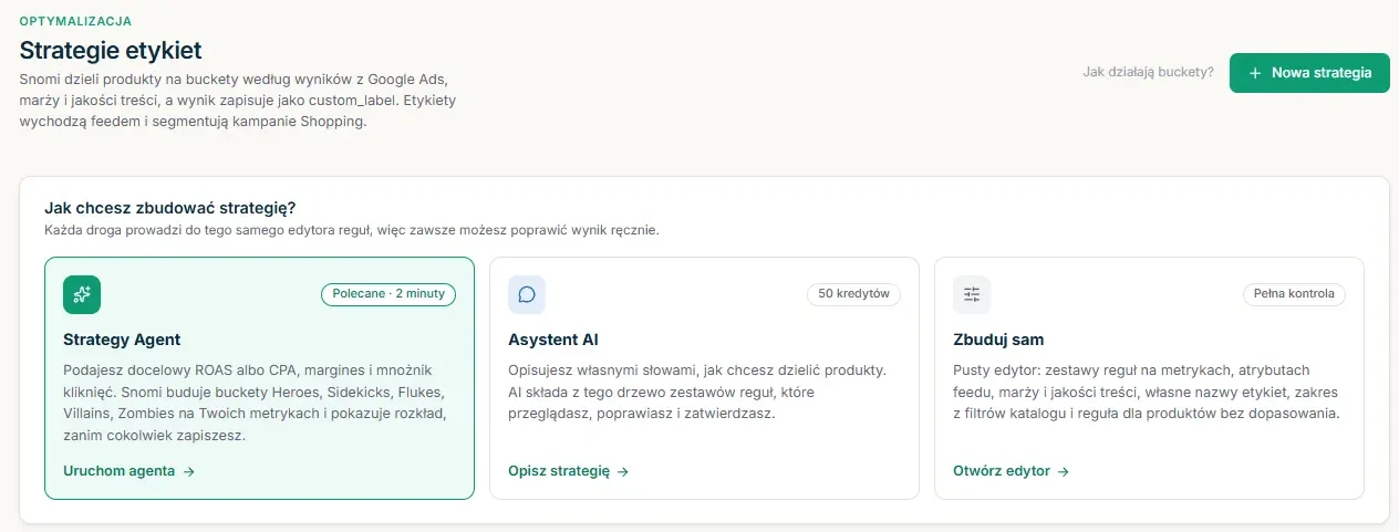 Strona Strategie etykiet z trzema kafelkami: Strategy Agent, Asystent AI i Zbuduj sam