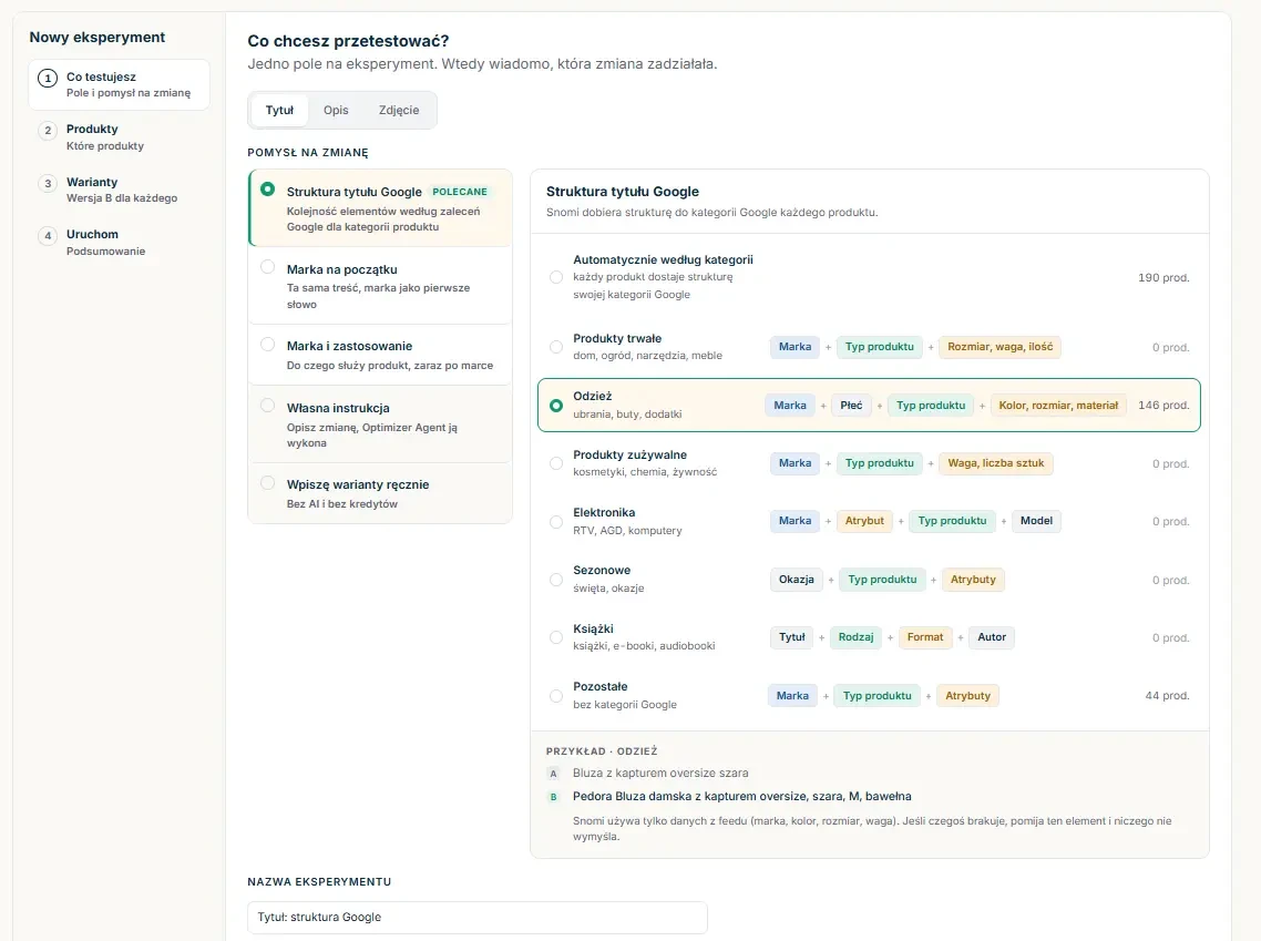 Krok 1 kreatora testu A/B: pole Tytuł, pomysł Struktura tytułu Google, struktury według kategorii z liczbą produktów i przykład