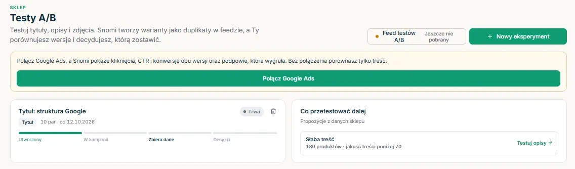 Ekran startowy Testów A/B z przyciskami Feed testów A/B i Nowy eksperyment, kartą eksperymentu z etapami i kartą Co przetestować dalej