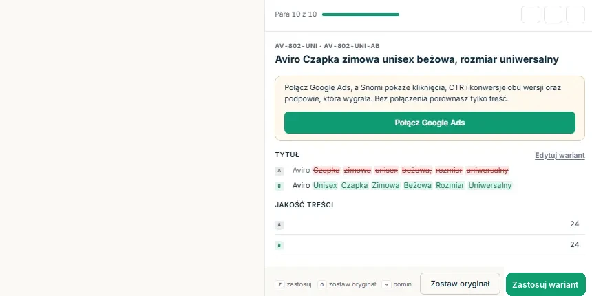 Panel pary testu A/B z postępem przeglądu, tytułami A i B z zaznaczonymi różnicami, przyciskiem Edytuj wariant i przyciskami decyzji