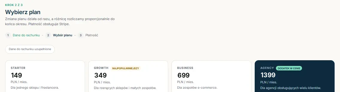 Krok 2 z 3 zakupu planu, karty planów Starter, Growth, Business i Agency z cenami