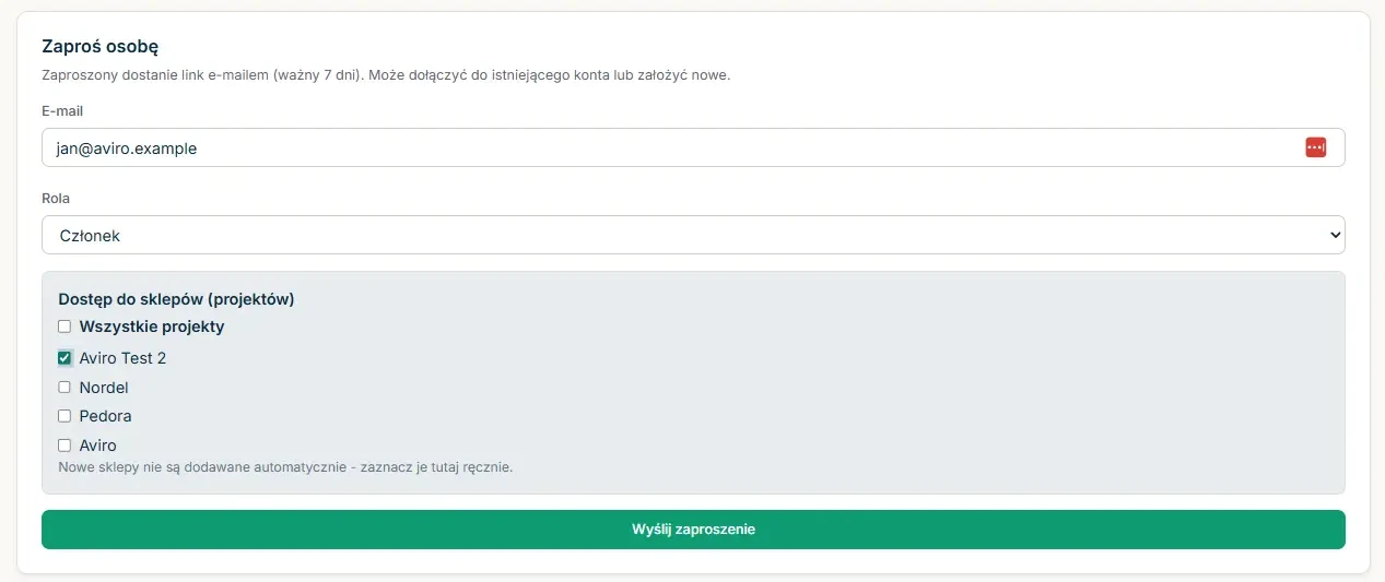 Formularz Zaproś osobę z polami E-mail, Rola i Dostęp do sklepów