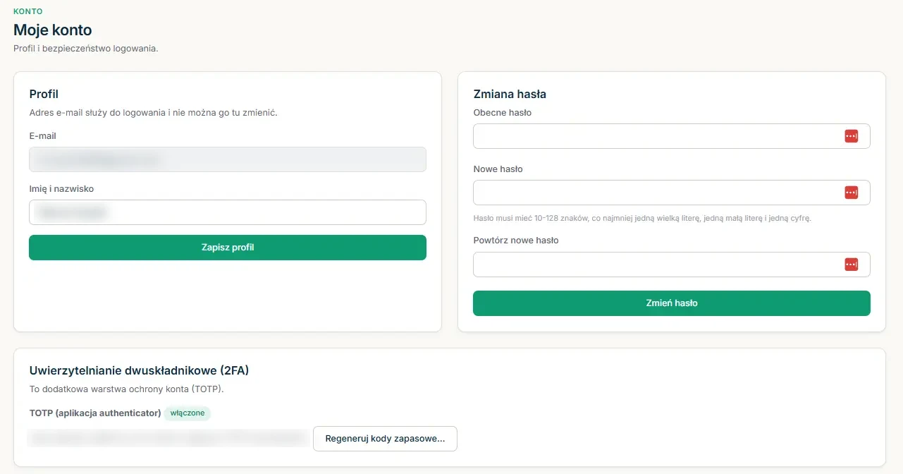 Strona Moje konto z profilem, zmianą hasła i włączonym uwierzytelnianiem dwuskładnikowym